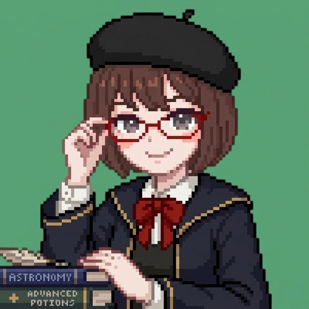 眼鏡に手を添えるサネのドット絵ポートレート