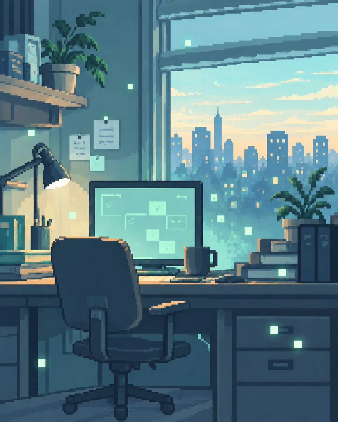 夜明けの窓辺にある仕事机のドット絵