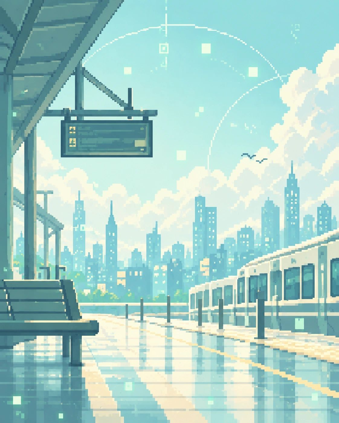 朝の光が差すホームと電車のドット絵