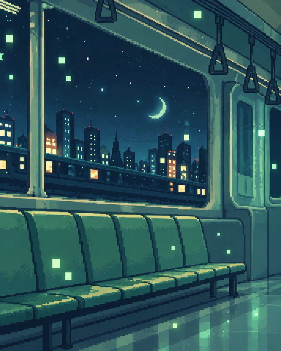 月と街の明かりが見える、静かな電車のドット絵